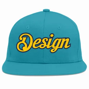 Custom Aqua Gold-Navy Flat Eaves Sport Baseball Cap Design for Men/Women/Youth