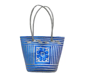 Woven Tote- Medium - Blue, Silver